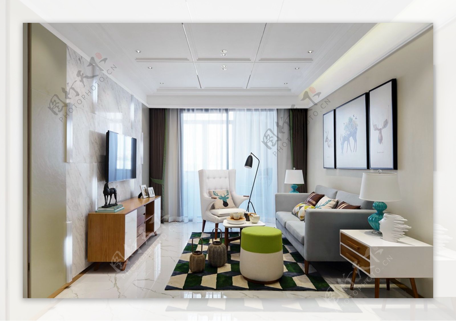 现代时尚客厅双色格子地毯室内装修效果图