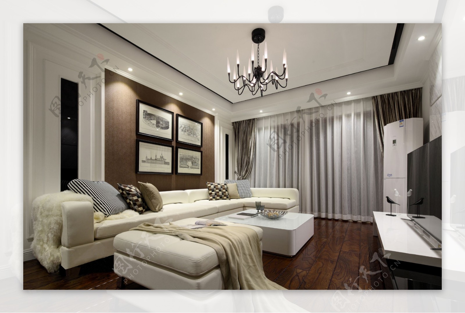 现代时尚客厅白色亮面电视柜室内装修效果图