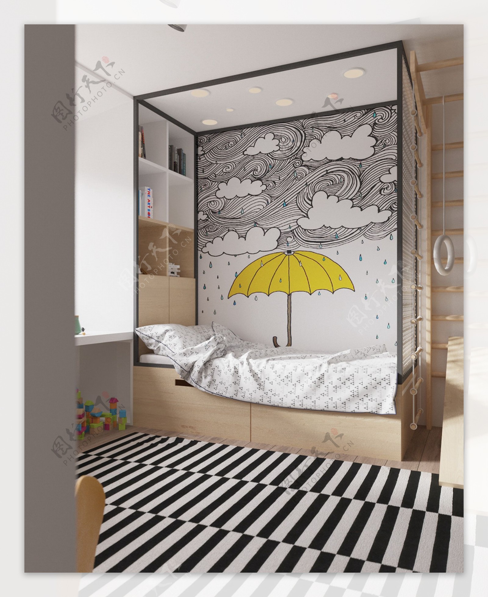 清新可爱卧室墙面彩绘室内装修效果图