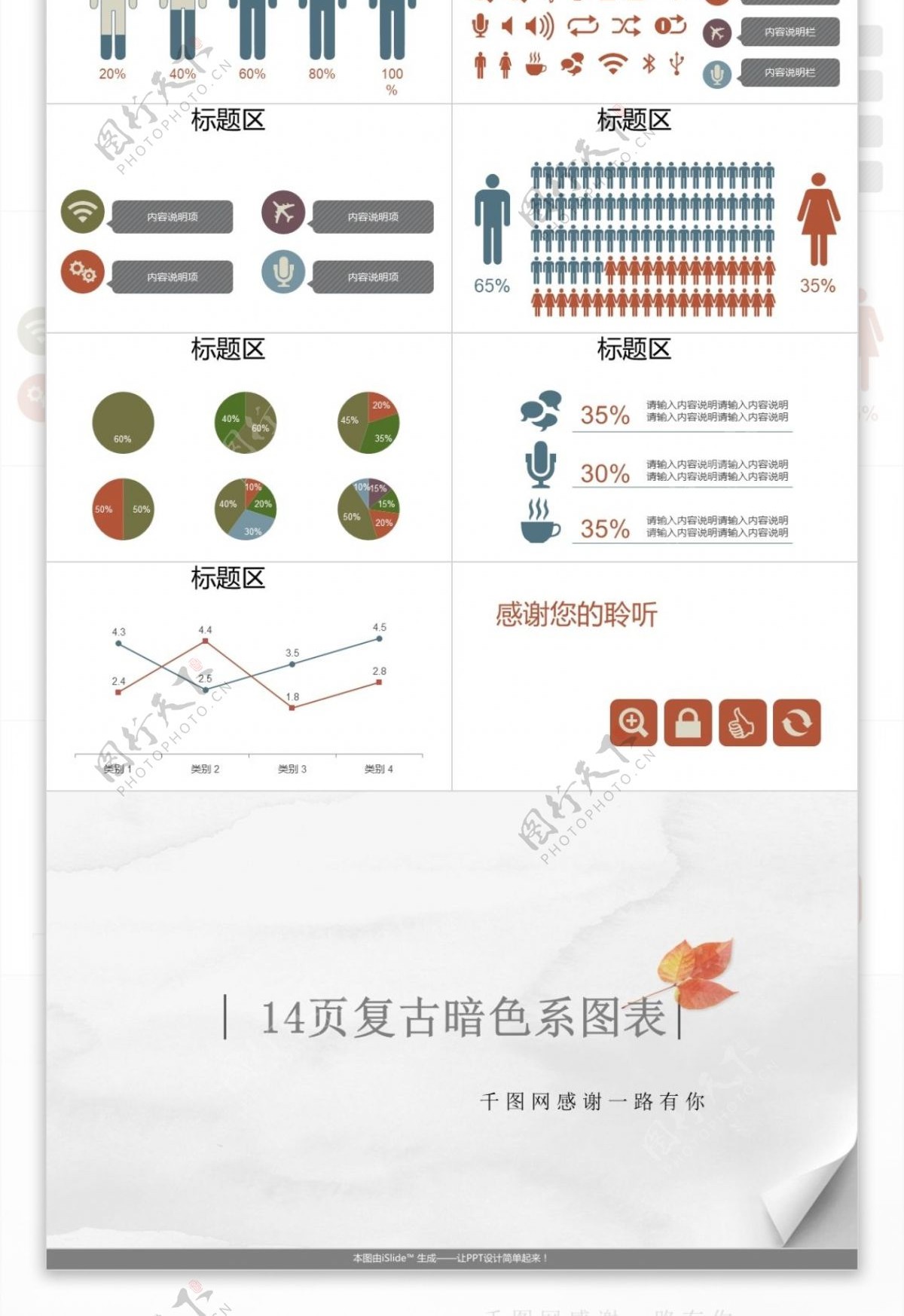 14页复古暗色系图表集合PPT模板