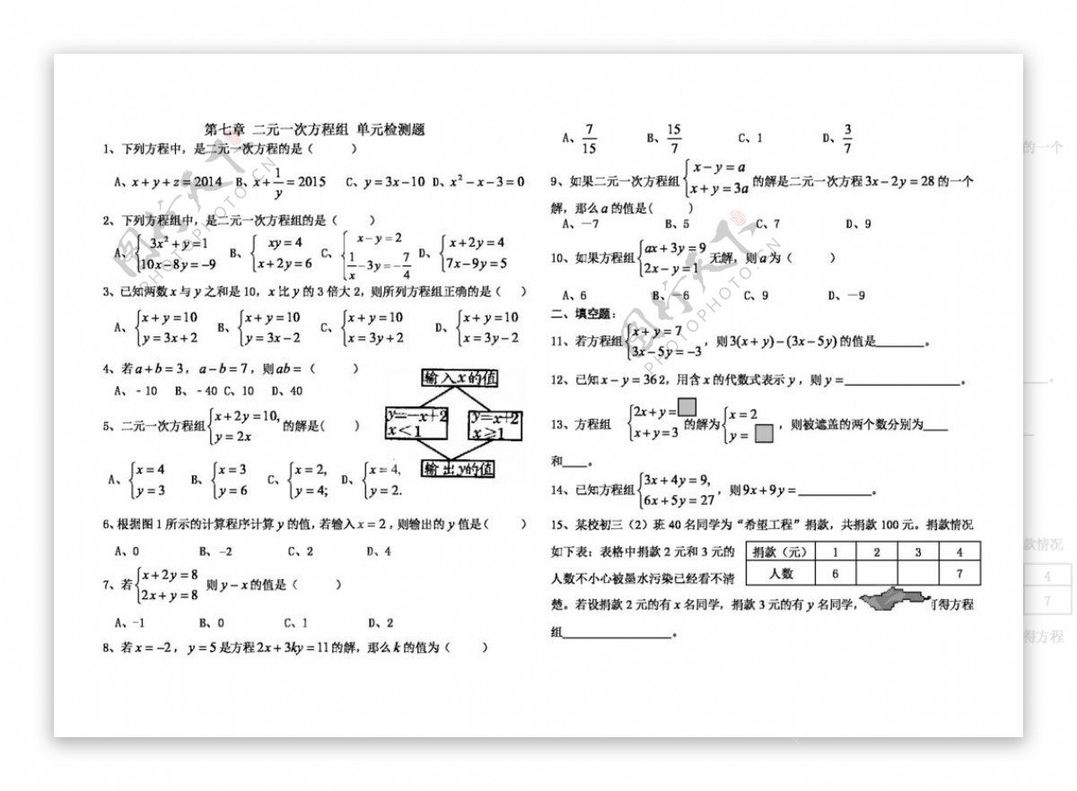 数学七年级下鲁教版七年级下册第七章二元一次方程组单元检测题含答案