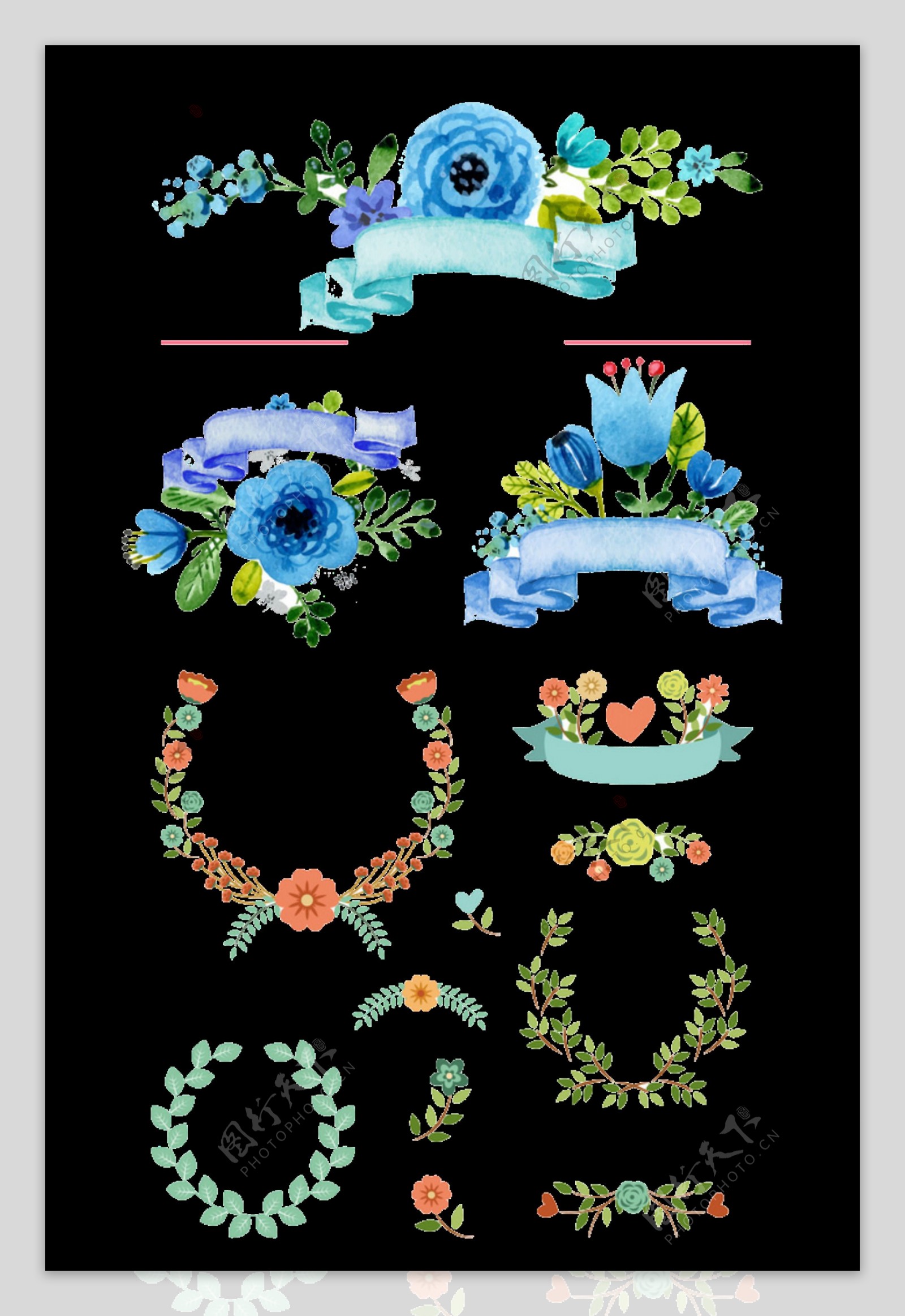 清新蓝色水彩花朵手绘花环装饰元素