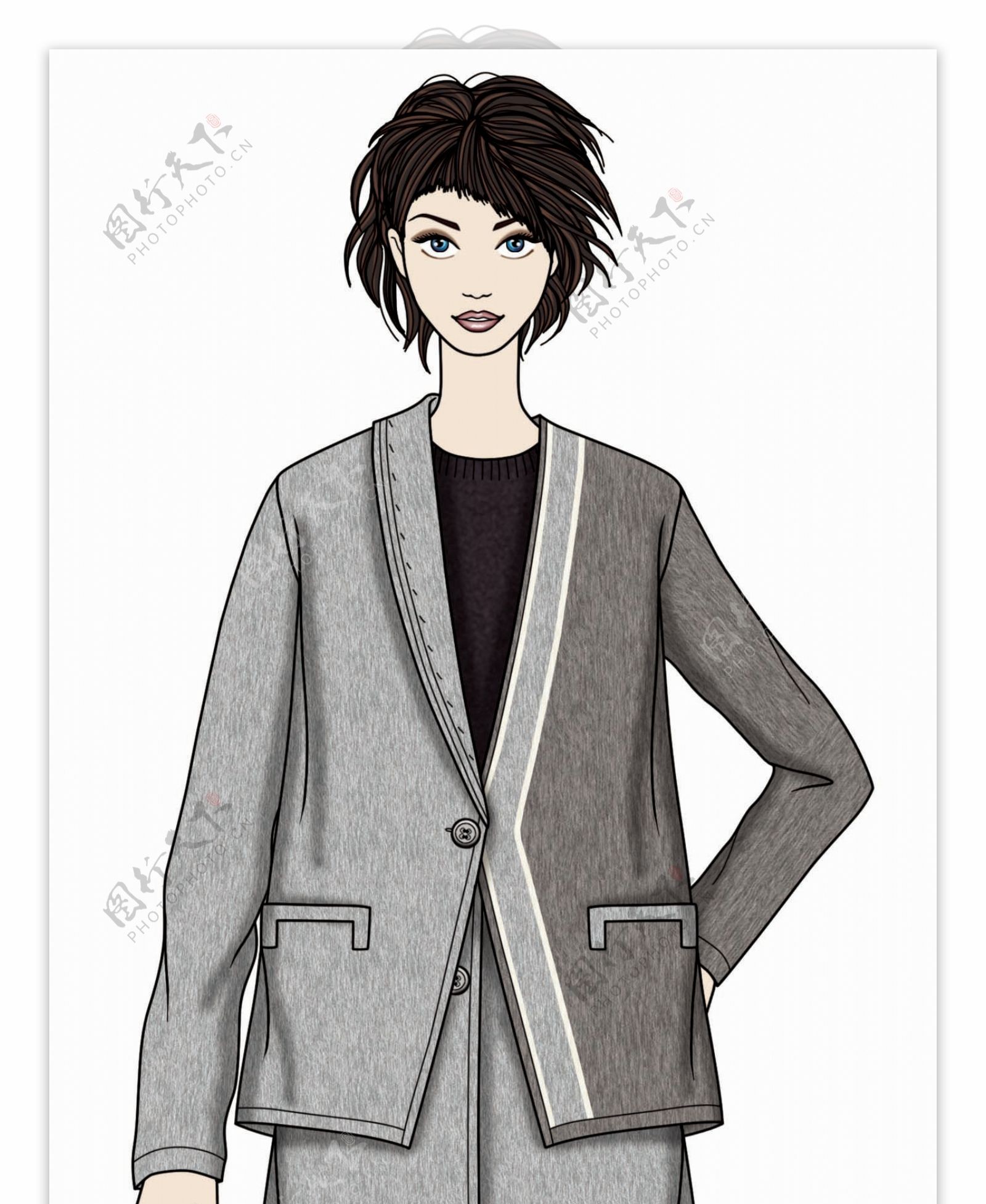 日系个性风长款大衣女装服装效果图