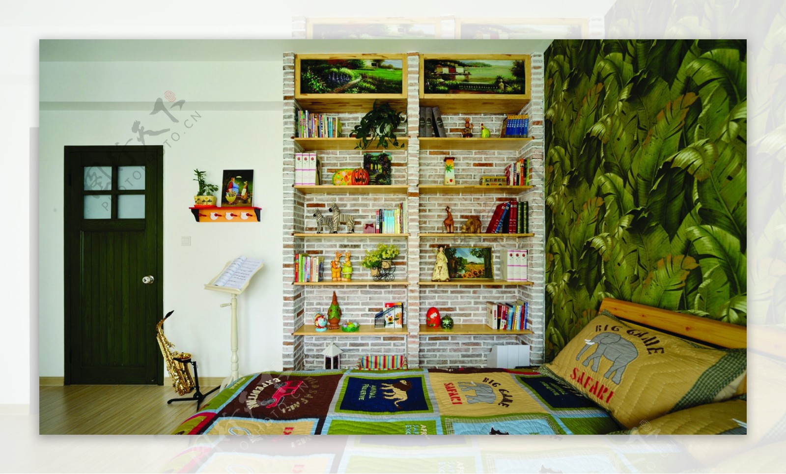 绿色自然美式简约书房效果图