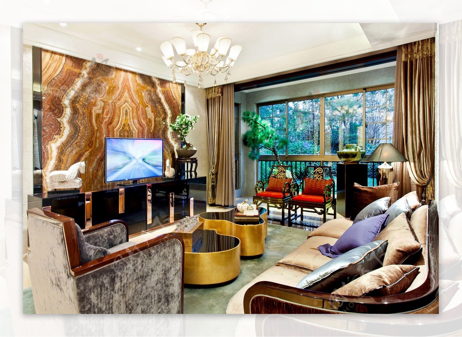 美式客厅黄色电视背景装修效果图