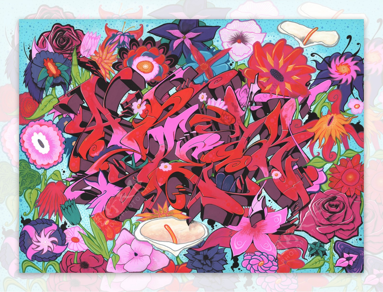 彩色手绘红色花朵植物壁纸图案