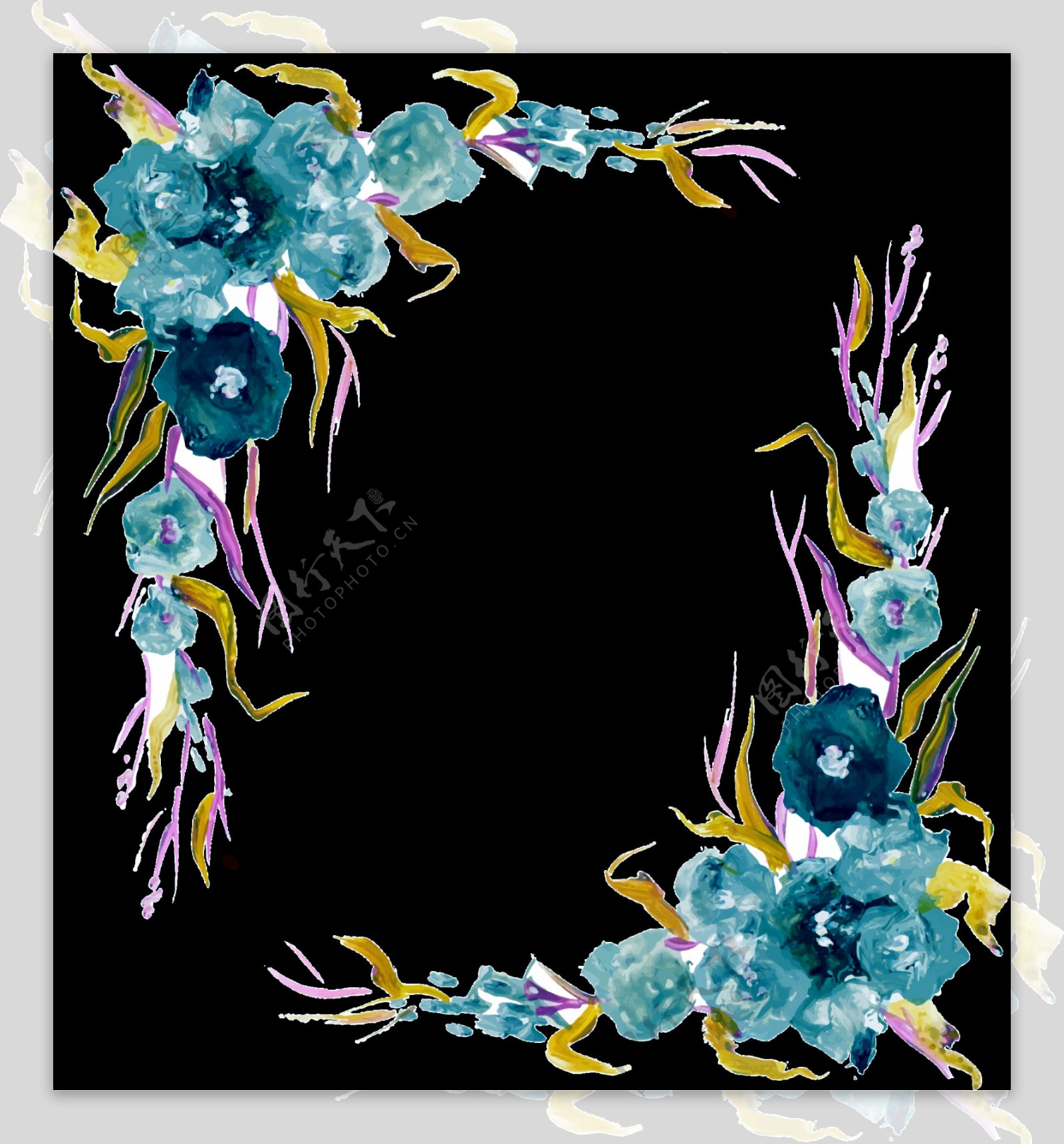 深蓝色水彩花朵手绘花环装饰元素