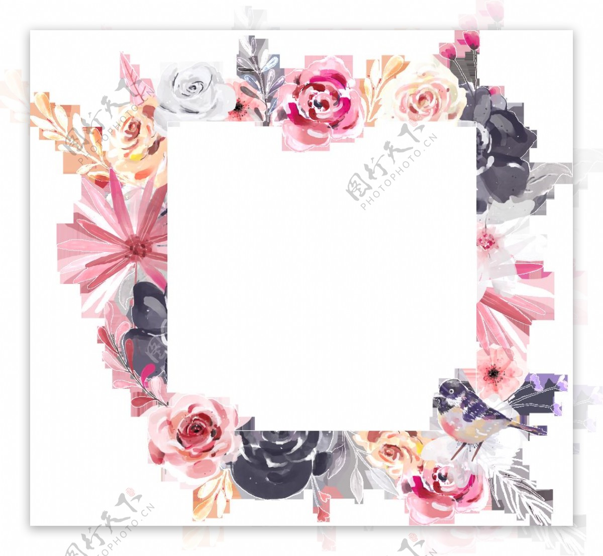 手绘正方形花卉画框PNG透明素材