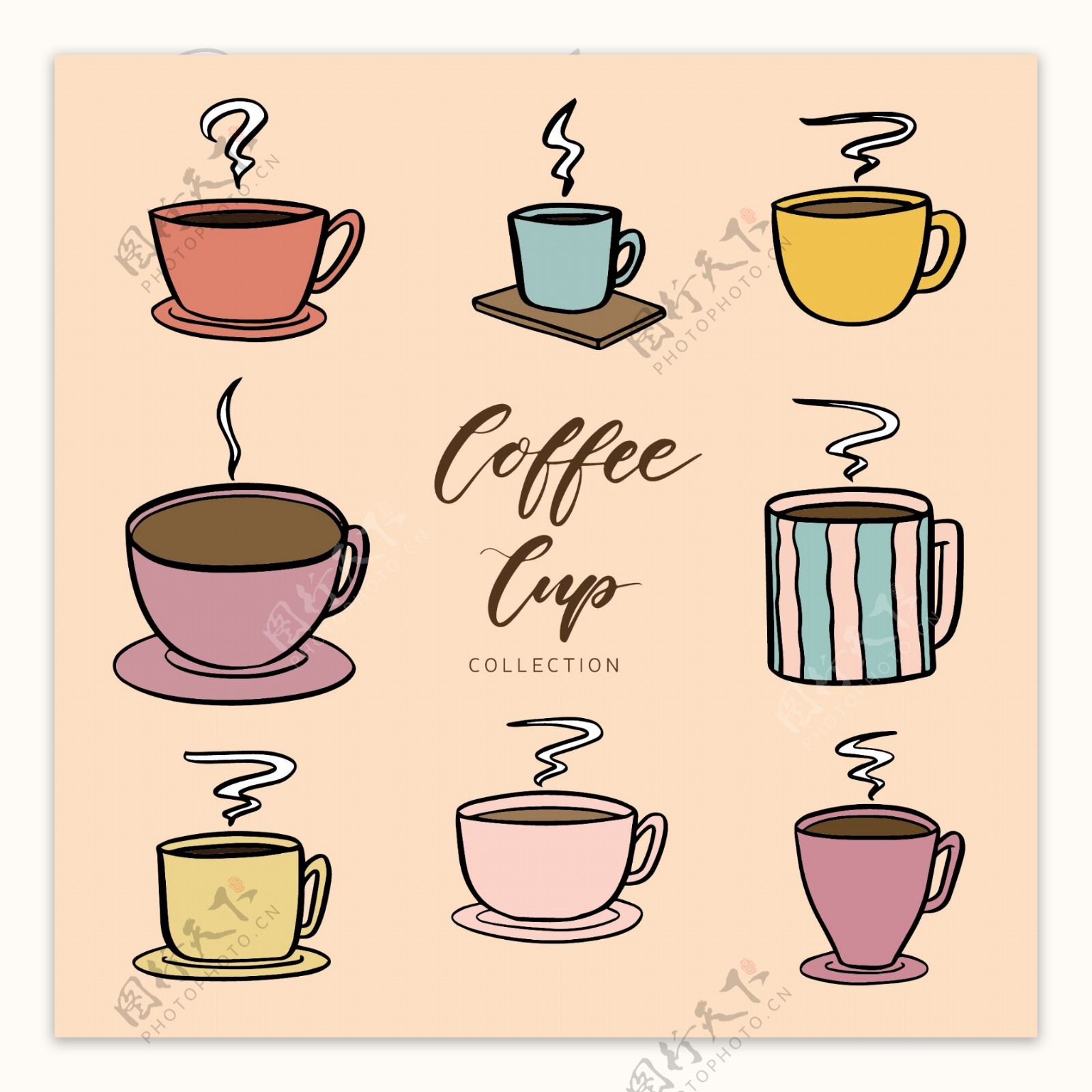 8款彩色卡通咖啡杯插画设计