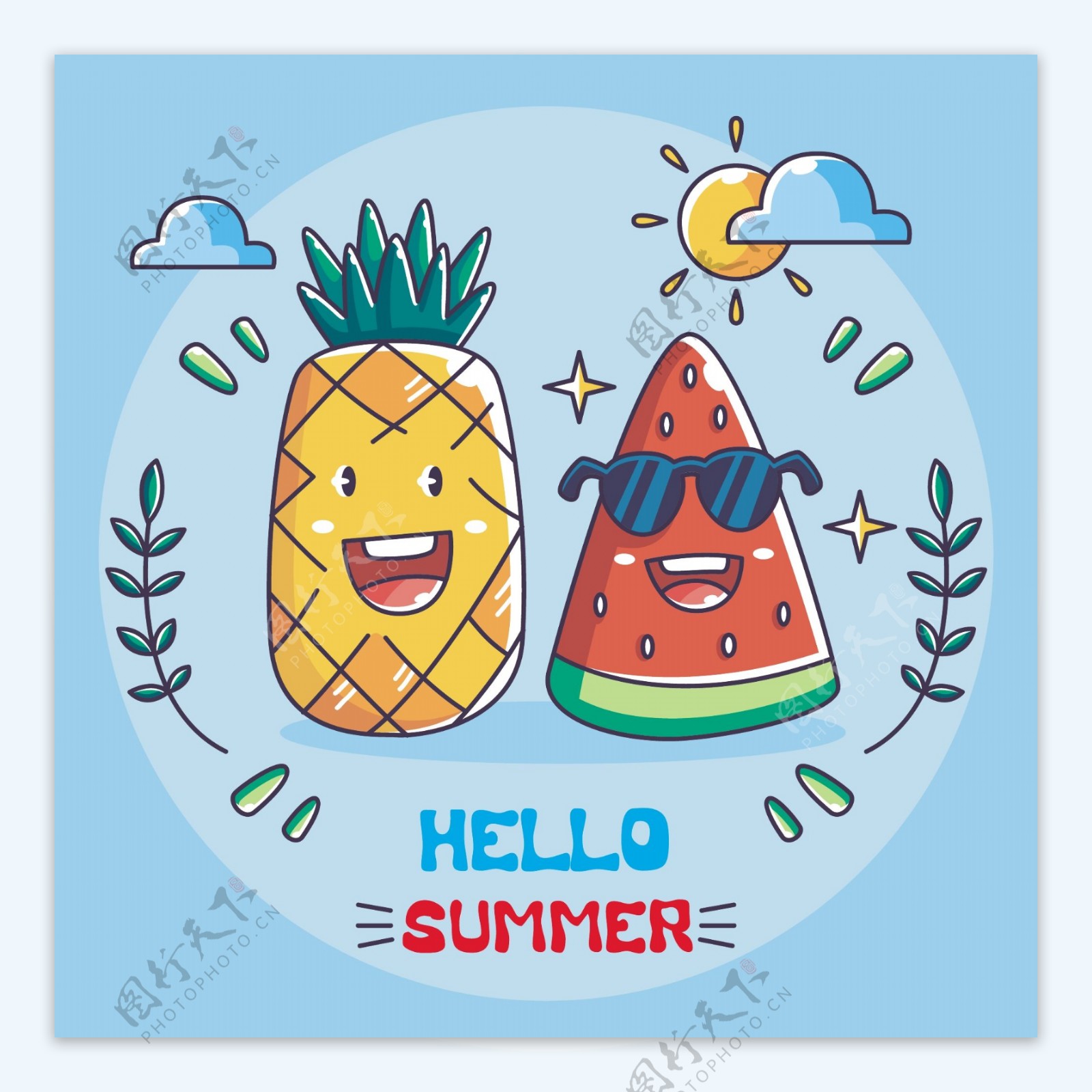 夏天卡通风菠萝西瓜图案