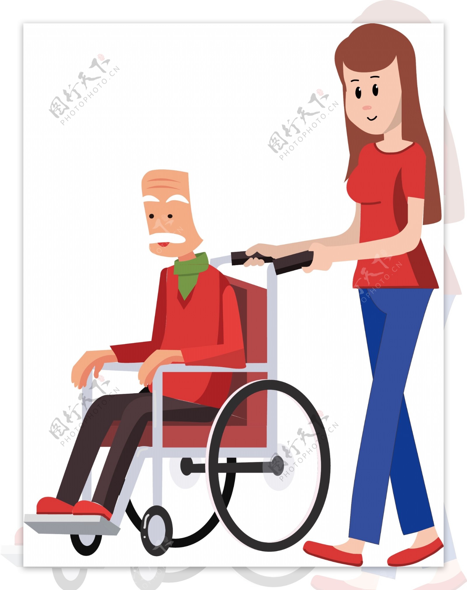 手绘卡通推着坐轮椅的白发老爷爷的长发美女