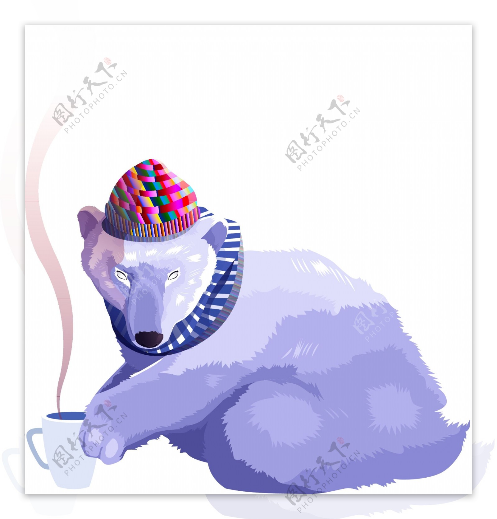 手绘卡通冬天戴帽子喝热饮的北极大白熊