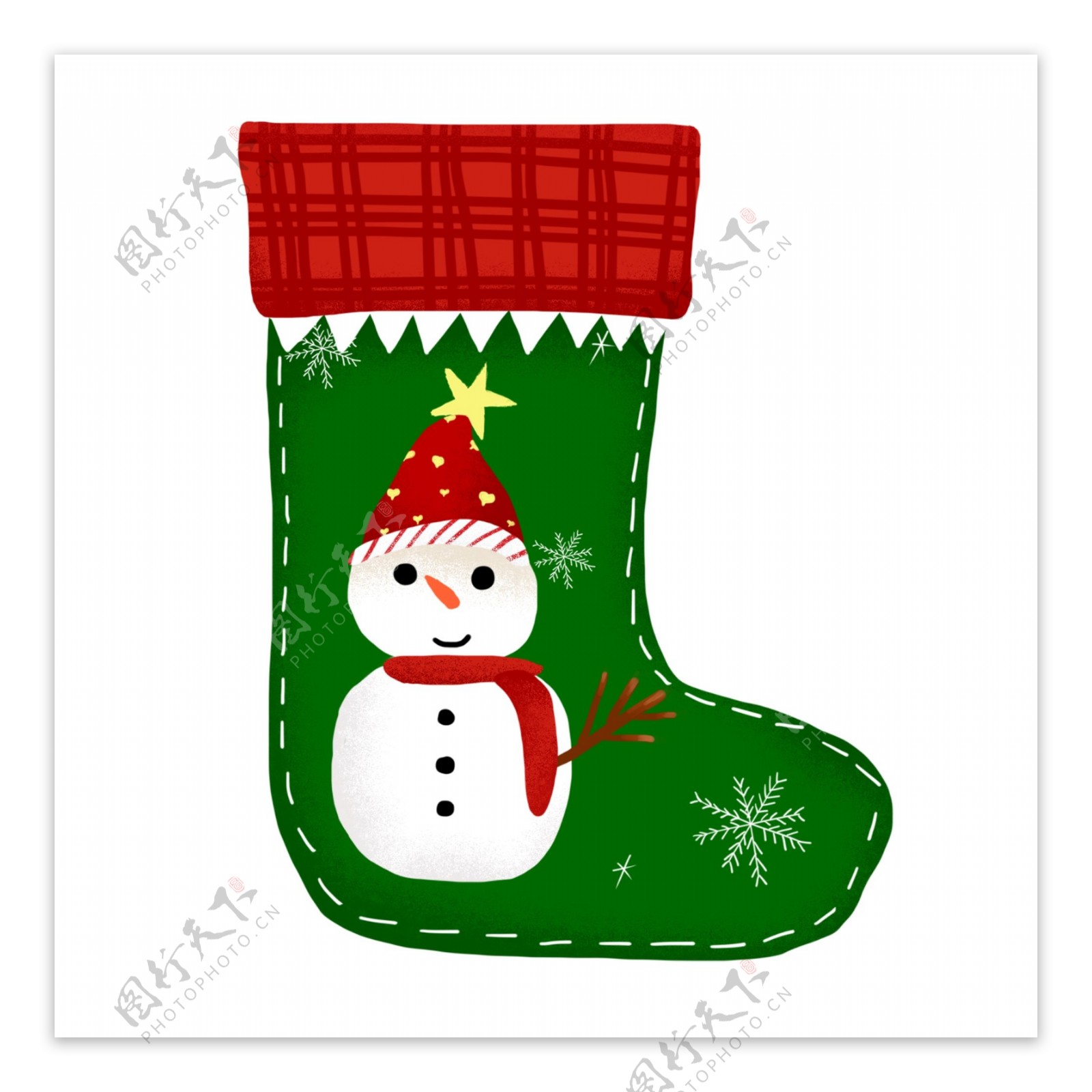 手绘圣诞袜圣诞节元素戴红帽子的雪人雪花