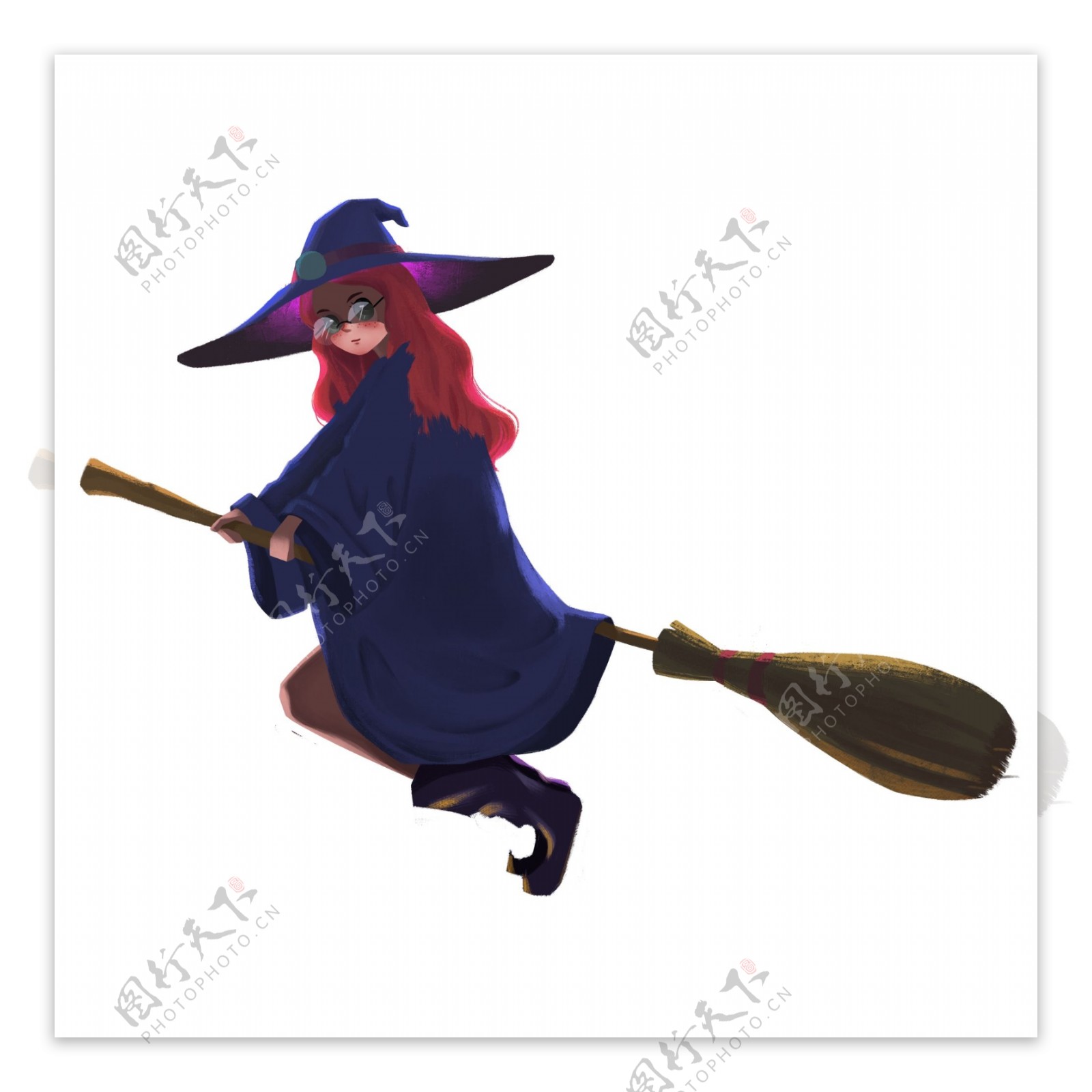 手绘卡通万圣节女巫骑着扫帚原创元素