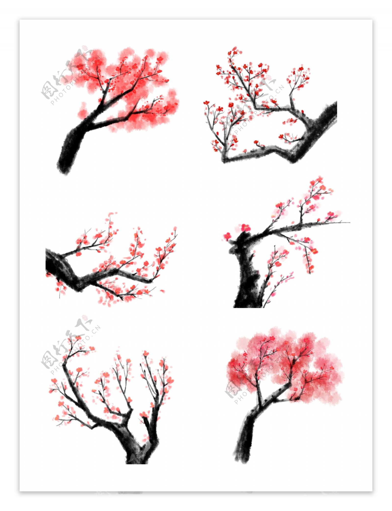 手绘古风中国风水墨红色梅花元素套图