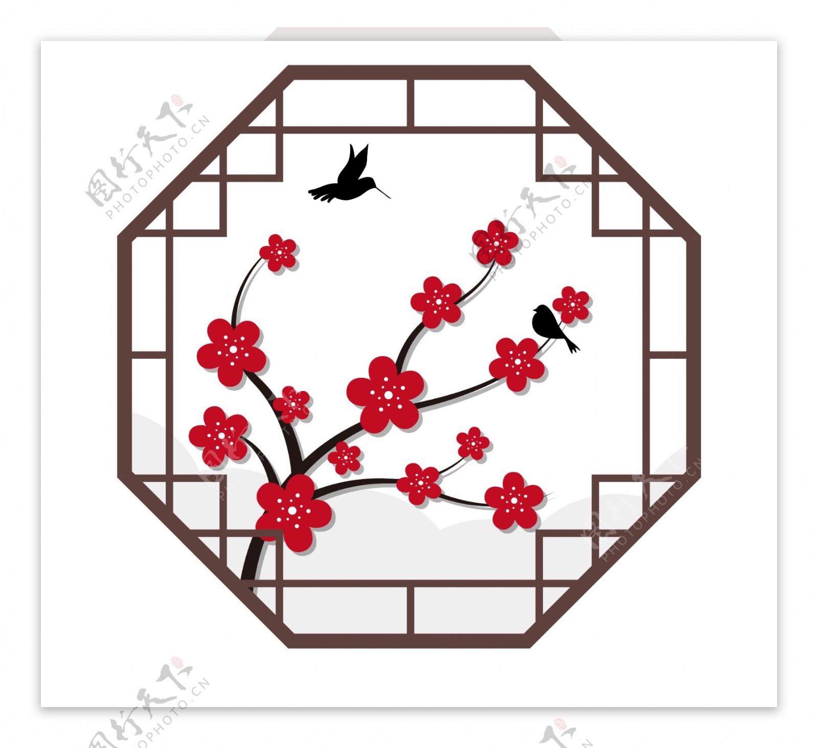 中国风矢量手绘红色梅花古典窗可商用元素