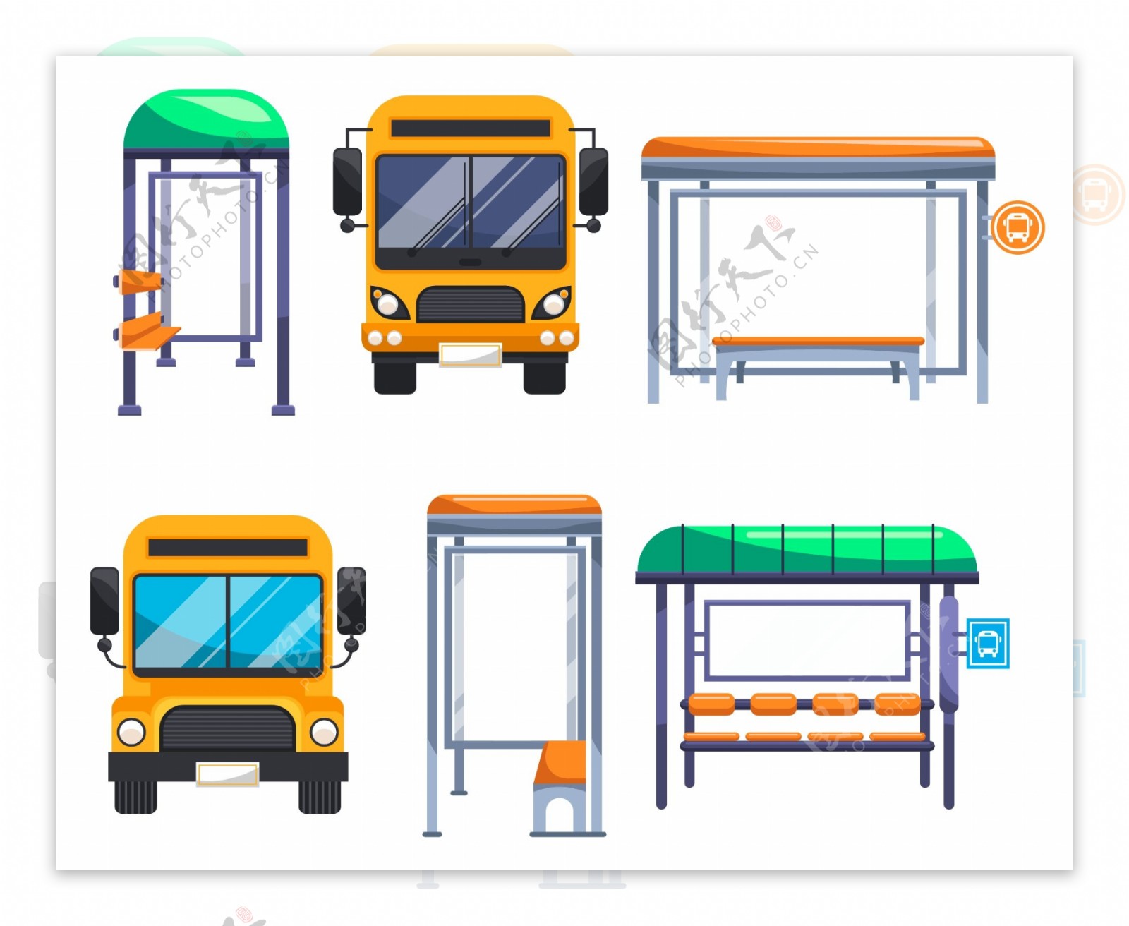 扁平化的公交车和站台素材