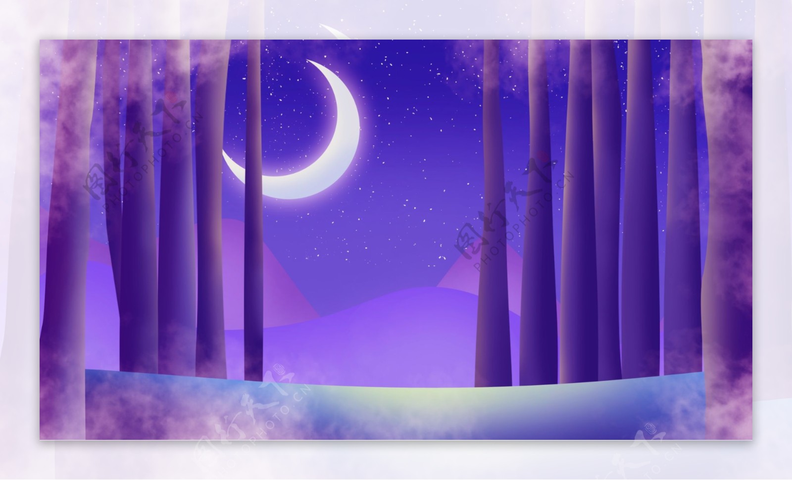树林树干月亮天空紫色背景