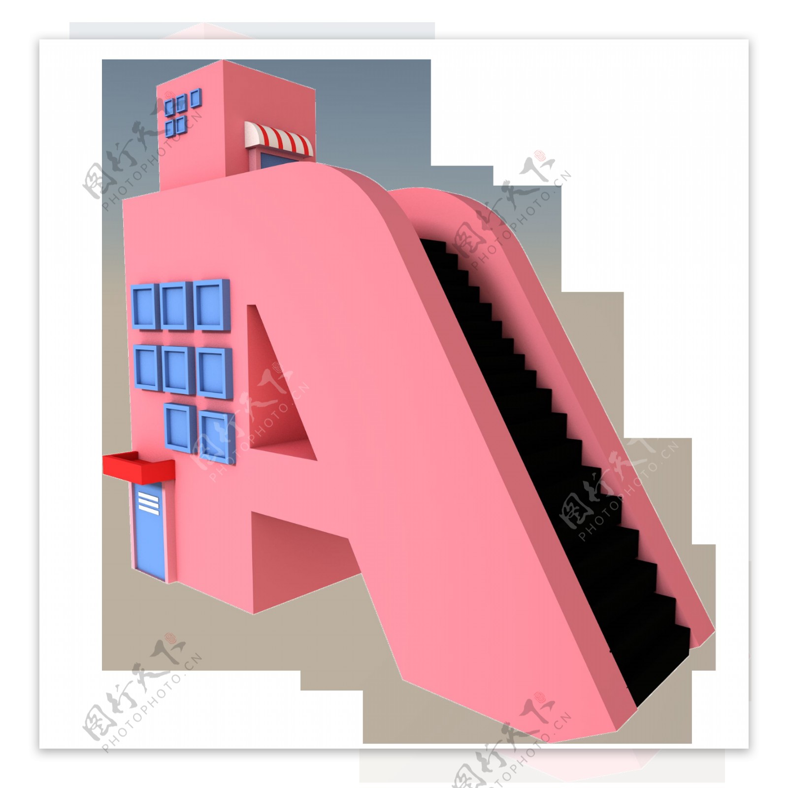 C4D粉红色字母A楼房扶梯可商用元素