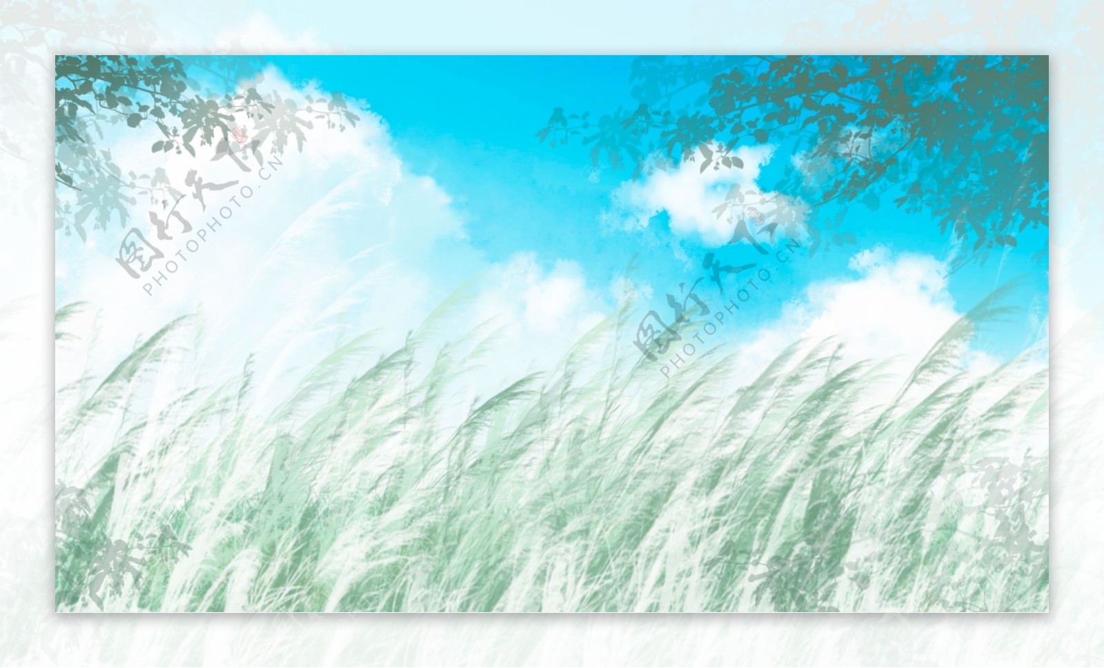 长草绿枝蓝天白云卡通背景
