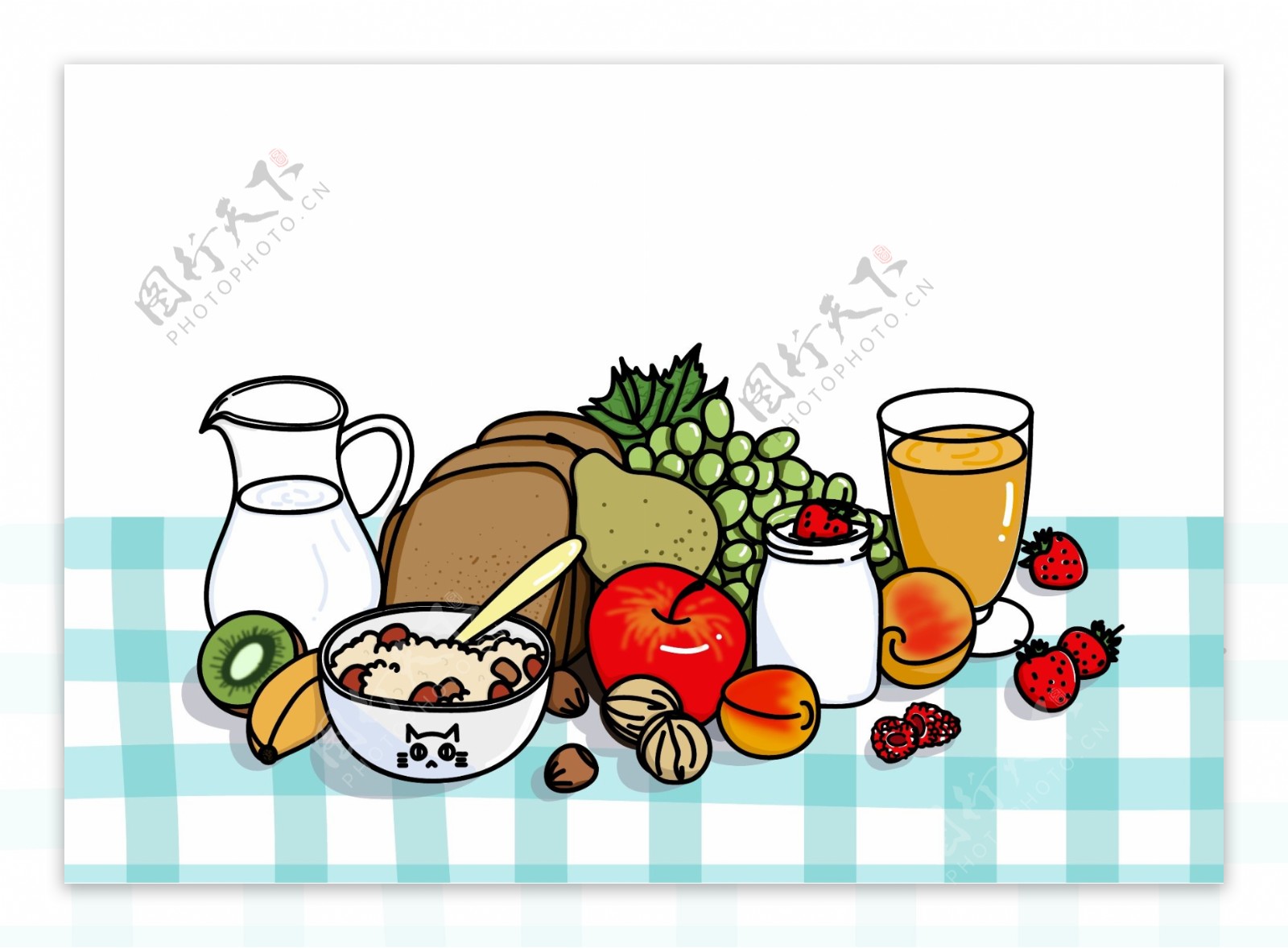 矢量手绘健康营养食物餐桌