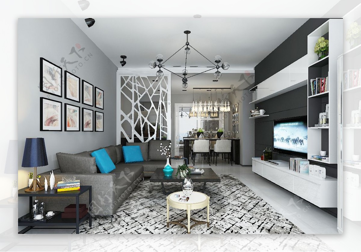 现代风格客厅空间效果图模型明亮简约