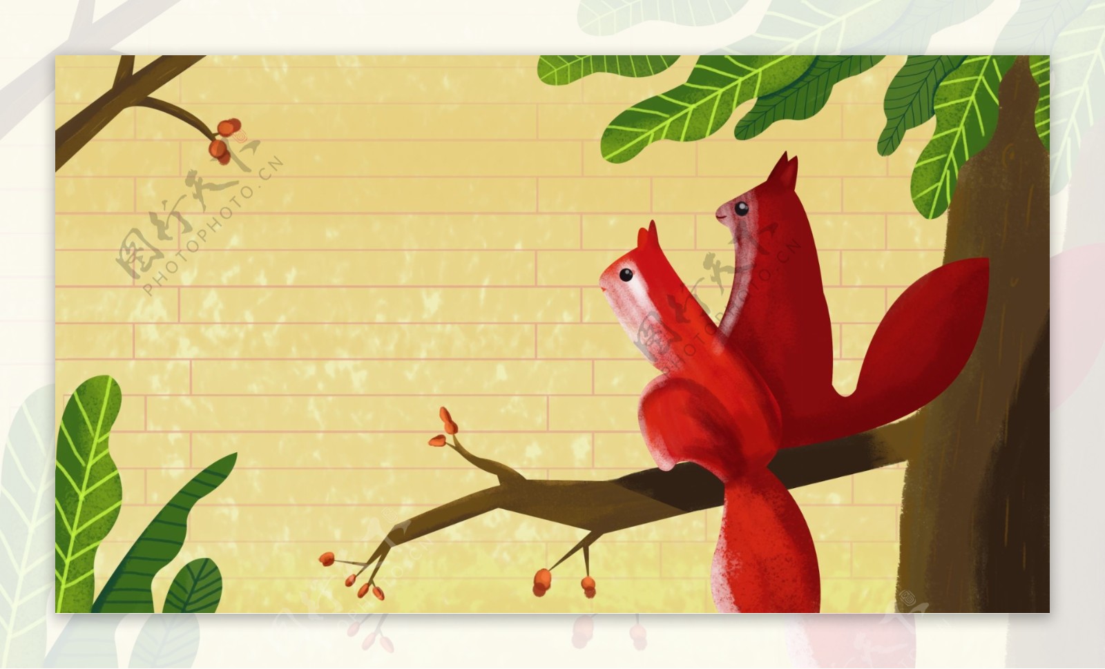 彩绘秋季主题树上松鼠背景素材