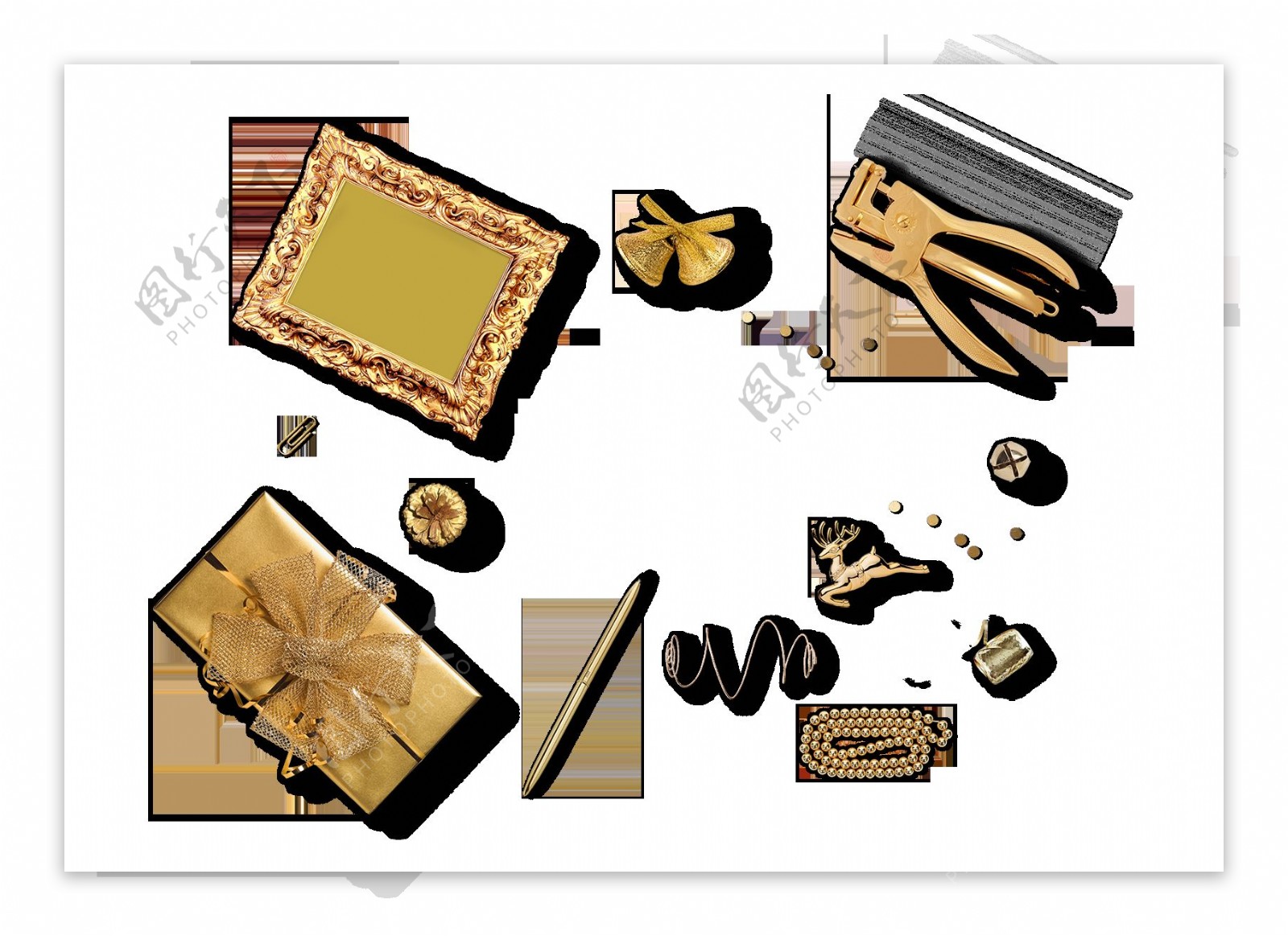 金色相框礼物盒麋鹿精致用具png元素