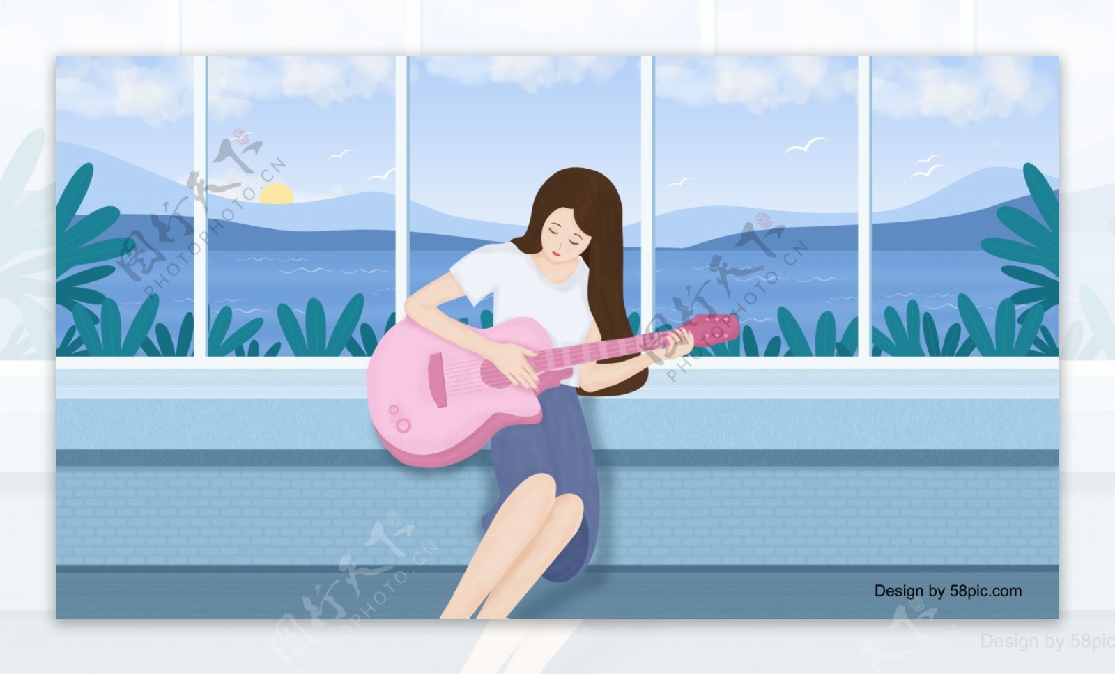 窗台弹吉他的女孩背景素材