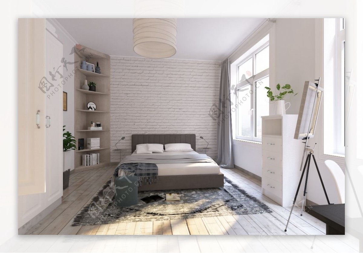 北欧现代简约清凉卧室效果图