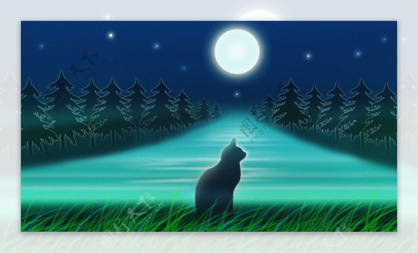 树林月光下的猫咪背景素材