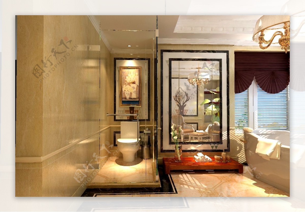 现代欧式混搭卫生间淋雨浴缸效果图