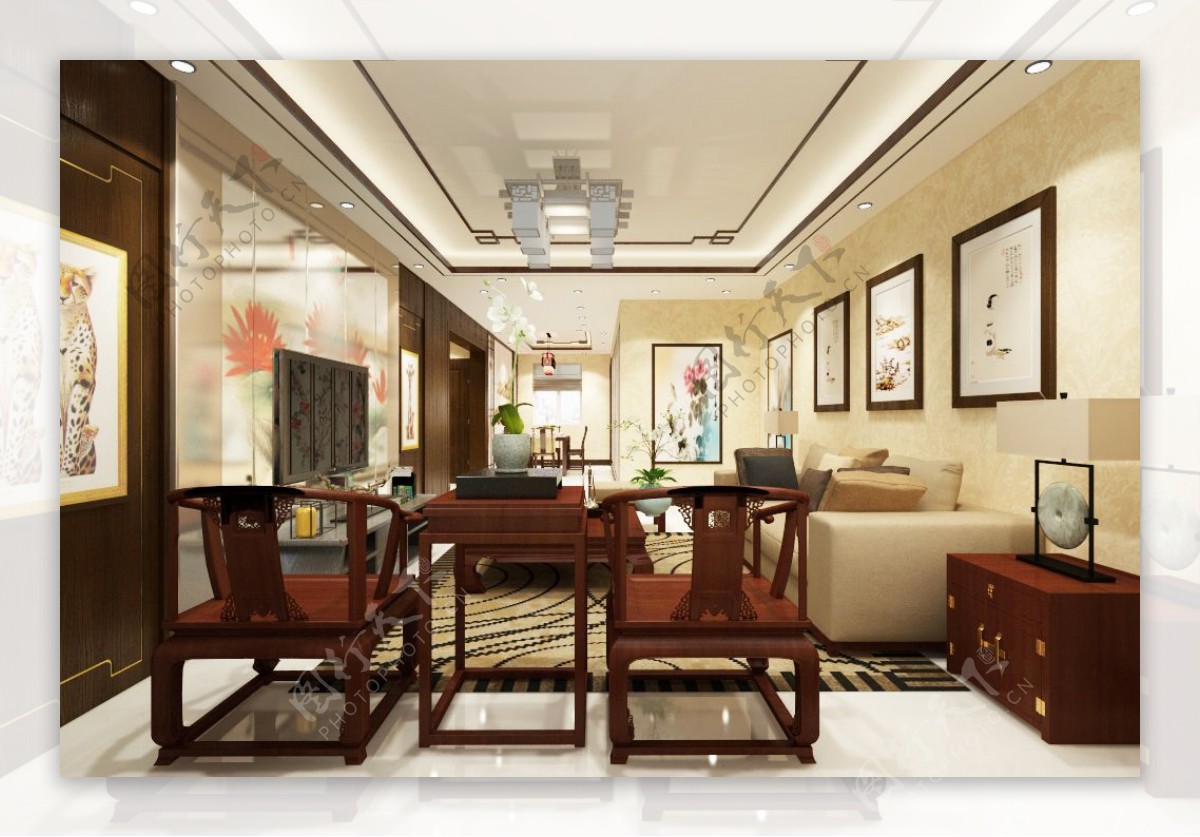 现代中式客厅餐厅装饰装修效果图
