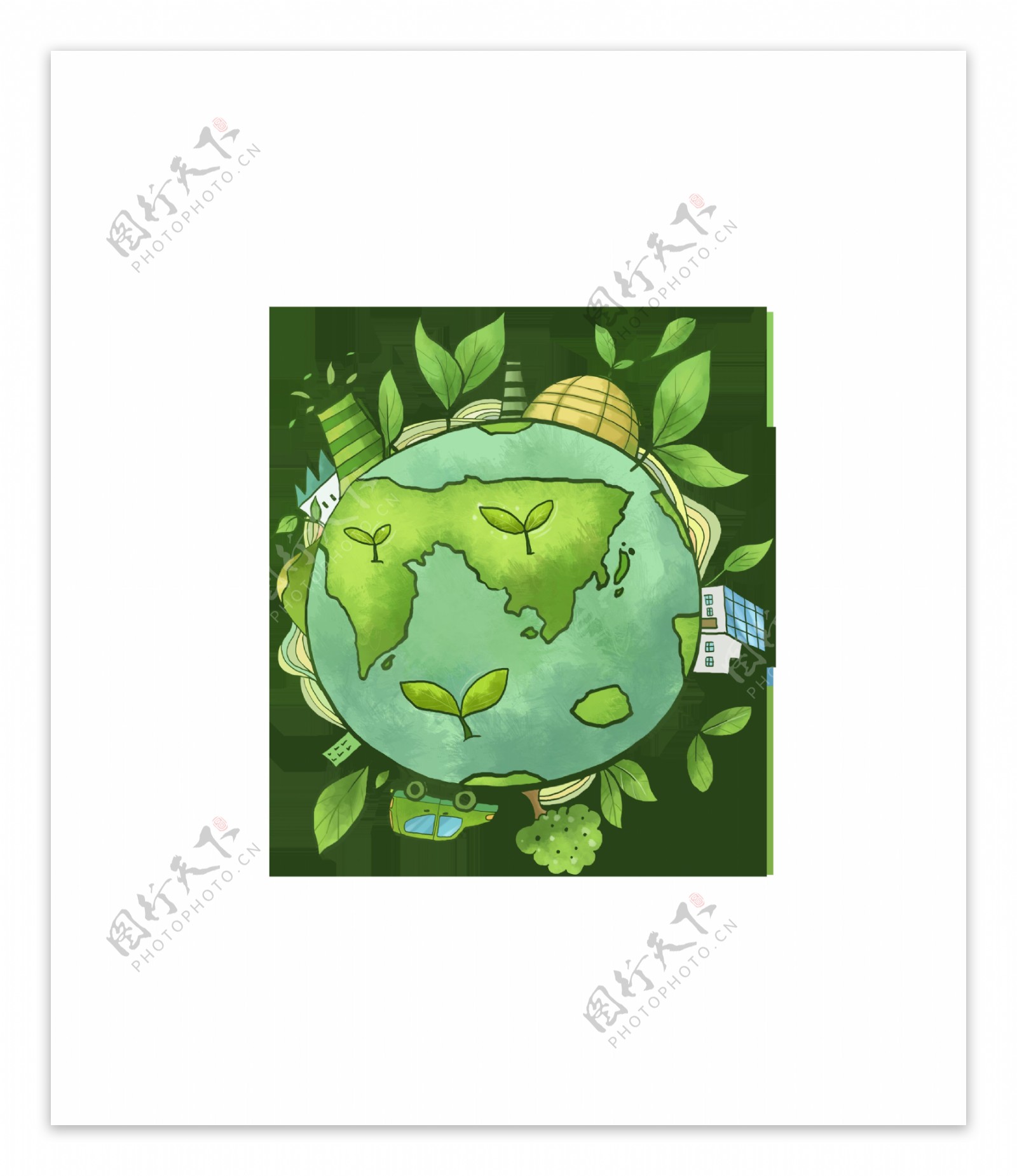 手绘卡通绿色扁平地球装饰素材