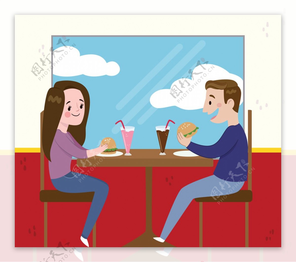 创意窗边吃汉堡包的情侣矢量图