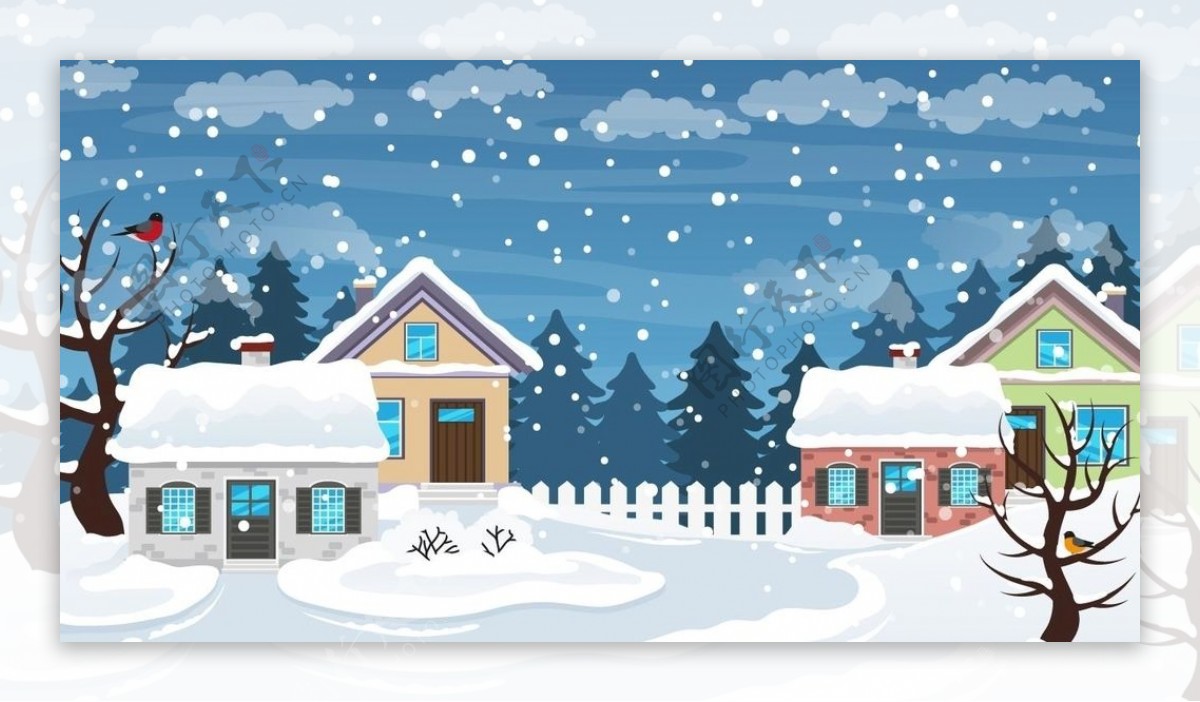 矢量卡通动漫冬季房屋雪景插画