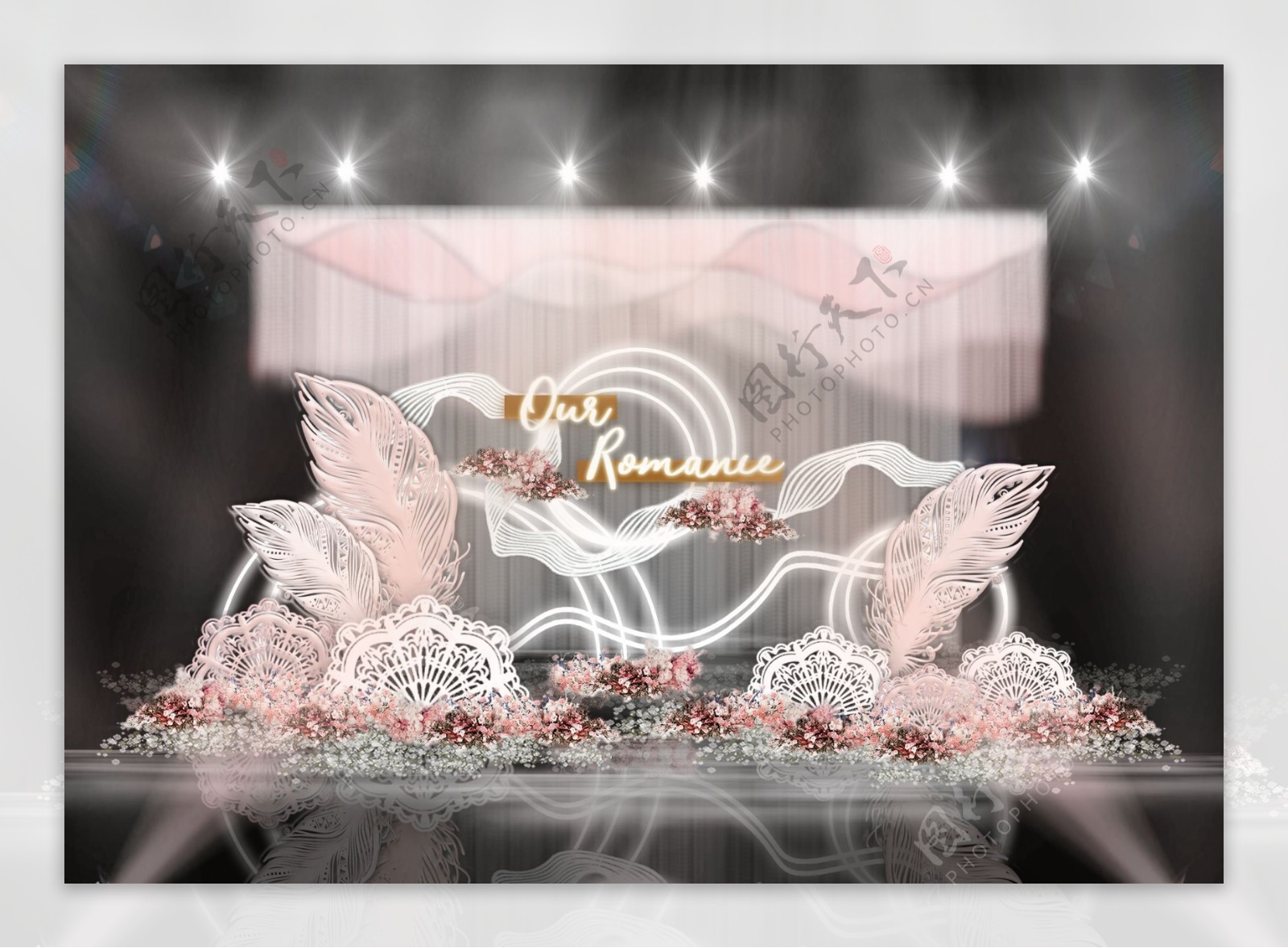 粉色羽毛雕花雕塑英文霓虹灯流线婚礼效果图