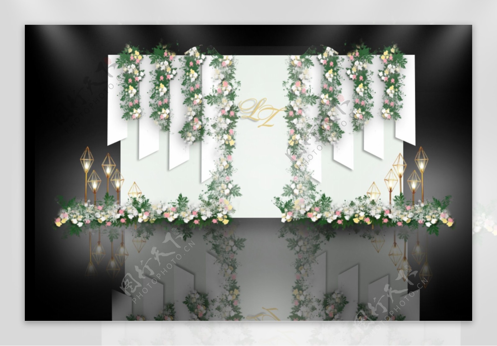 白绿色创意几何婚礼迎宾区婚礼效果图