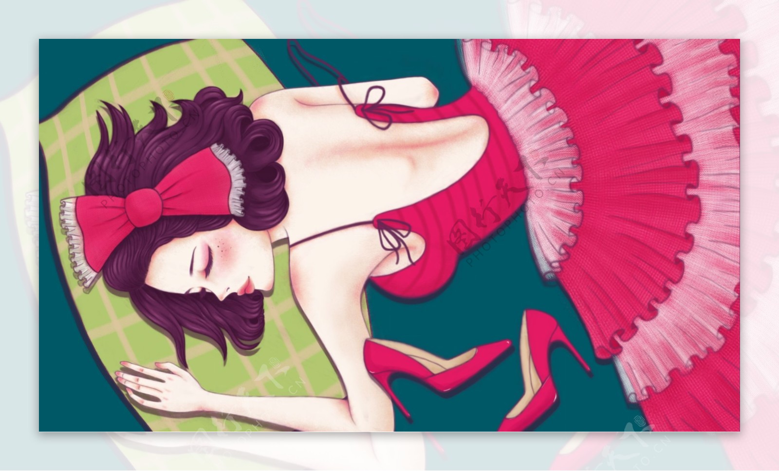 穿红色舞裙睡觉的女人卡通背景