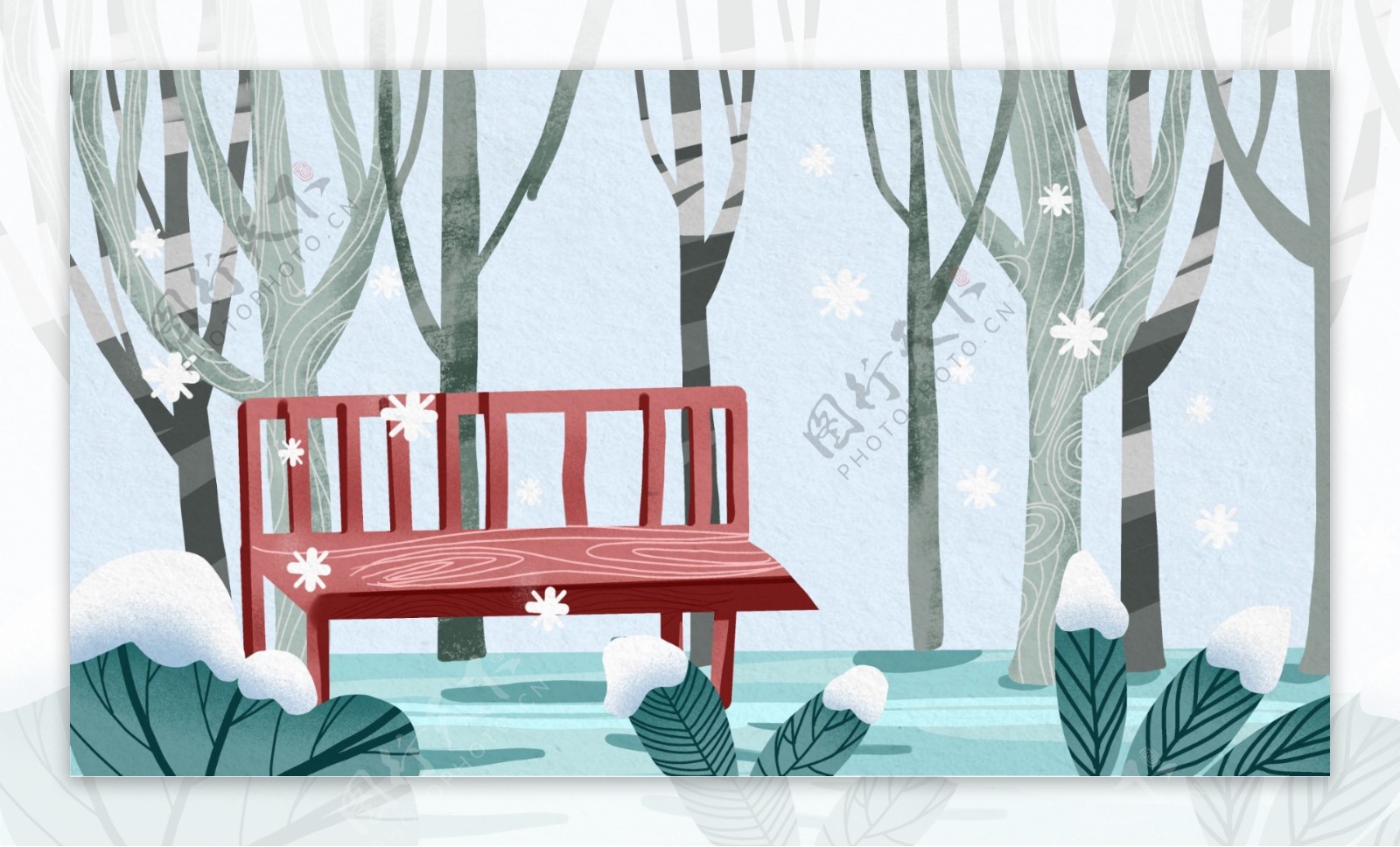 唯美清新公园雪景插画背景设计