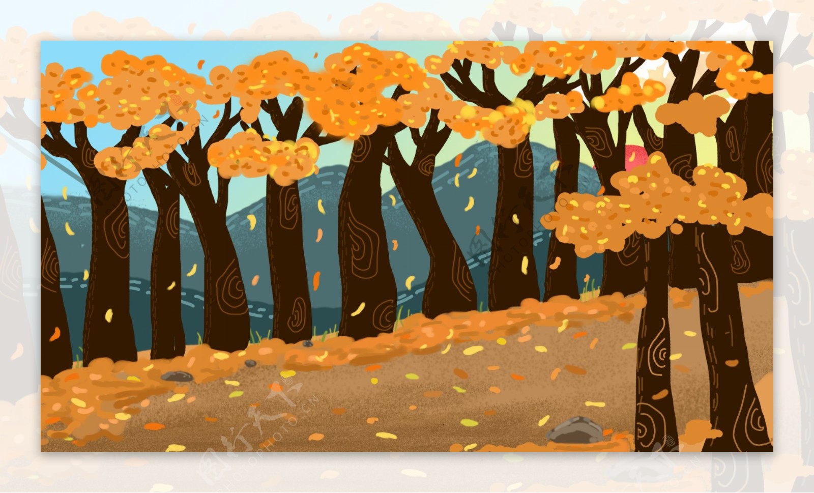 秋季树林落叶唯美插画背景设计