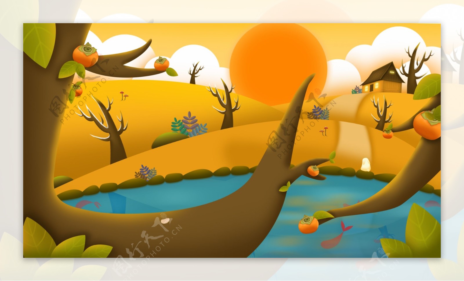 彩绘柿子树和小溪插画背景设计