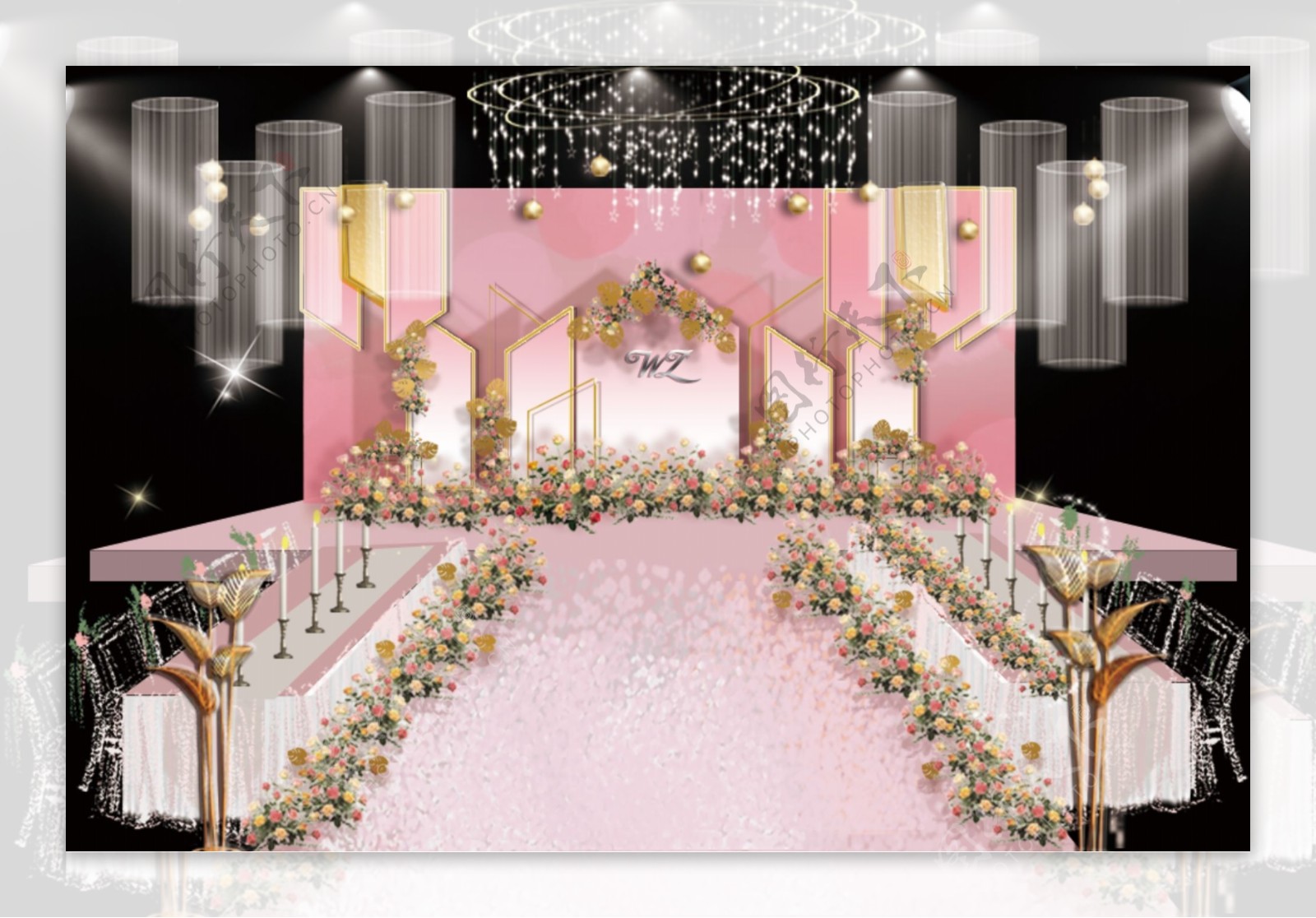粉金色婚礼舞台效果图