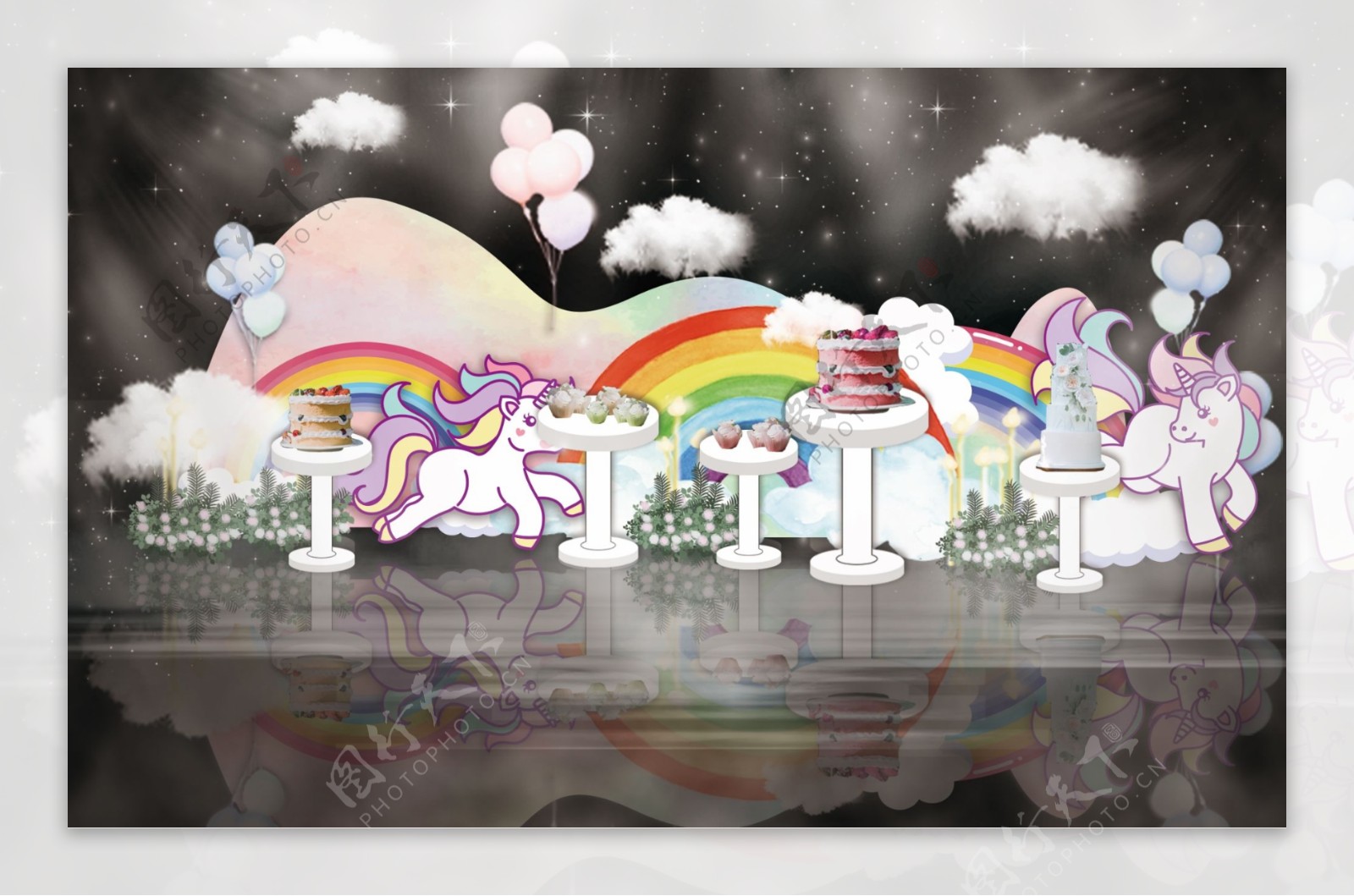 彩虹独角兽主题小清新婚礼甜品区工装效果图