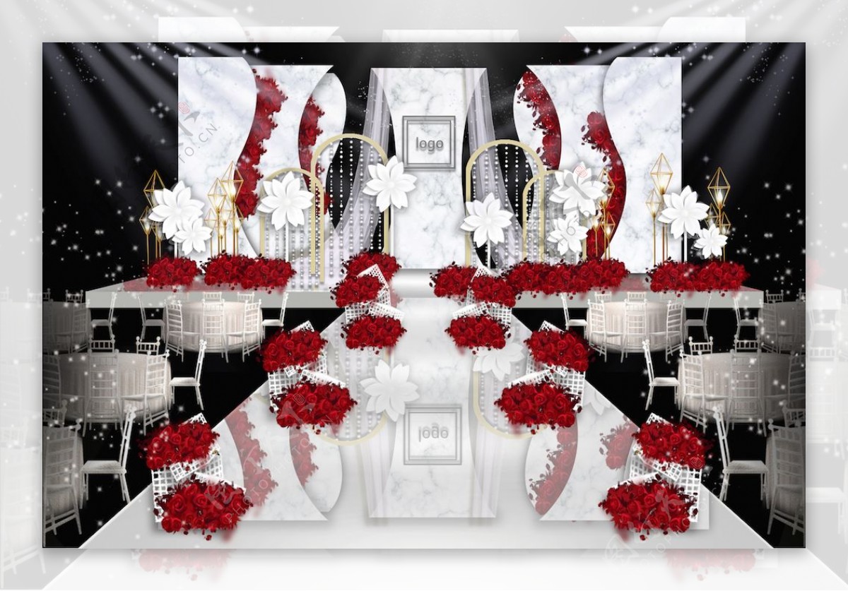 红白色系大理石纹小清新婚礼舞台效果图