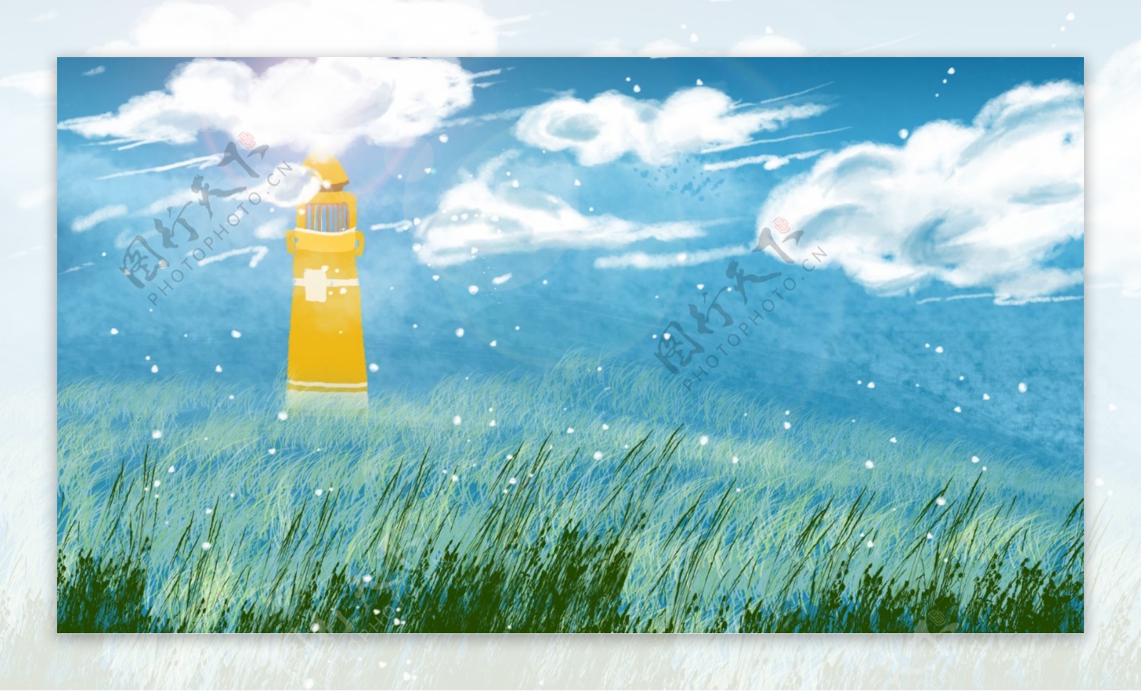 草地上的黄色小楼卡通背景