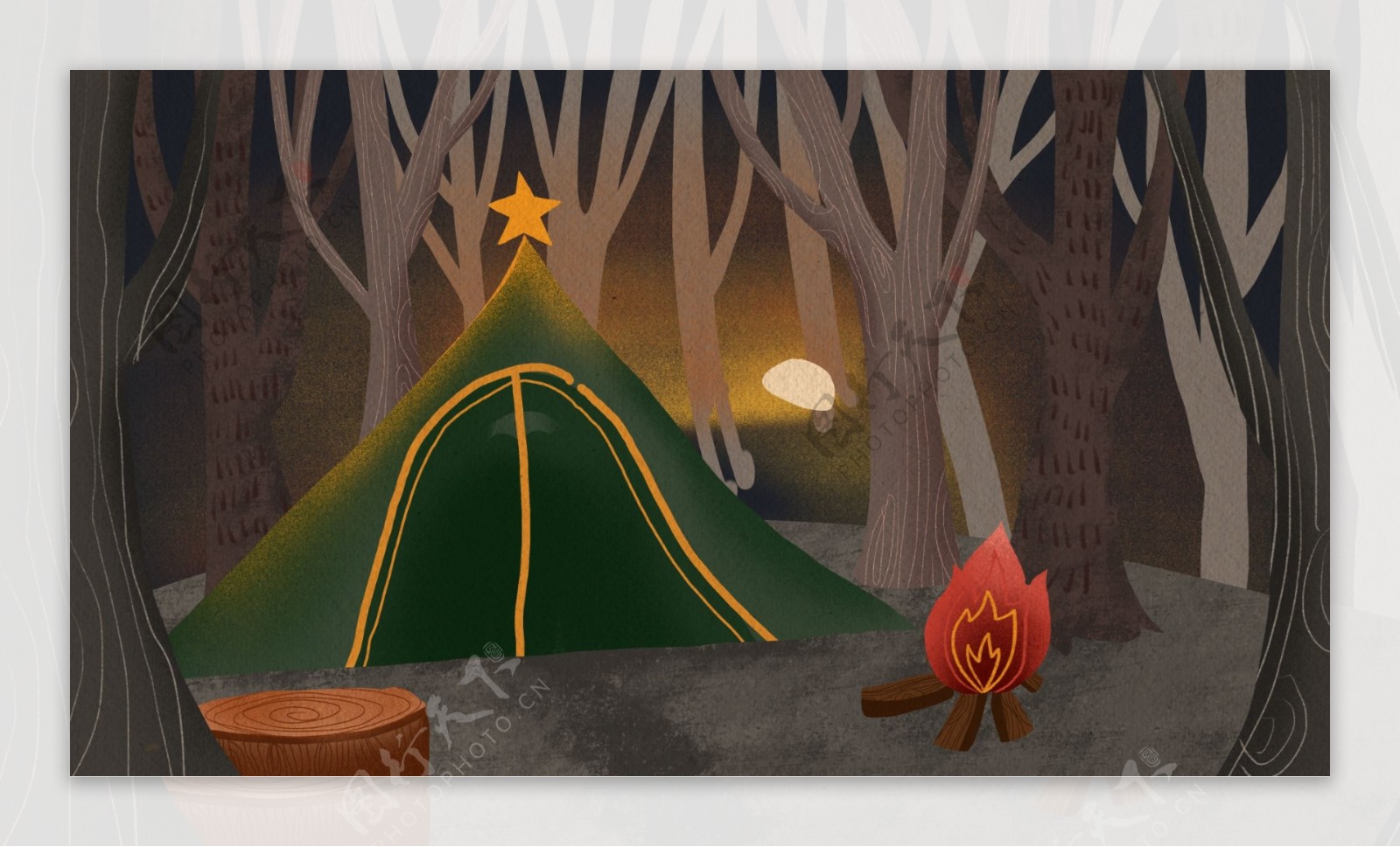 彩绘树林露营背景设计