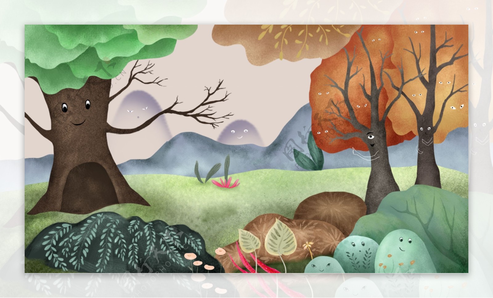 彩绘可爱山物记树林背景设计