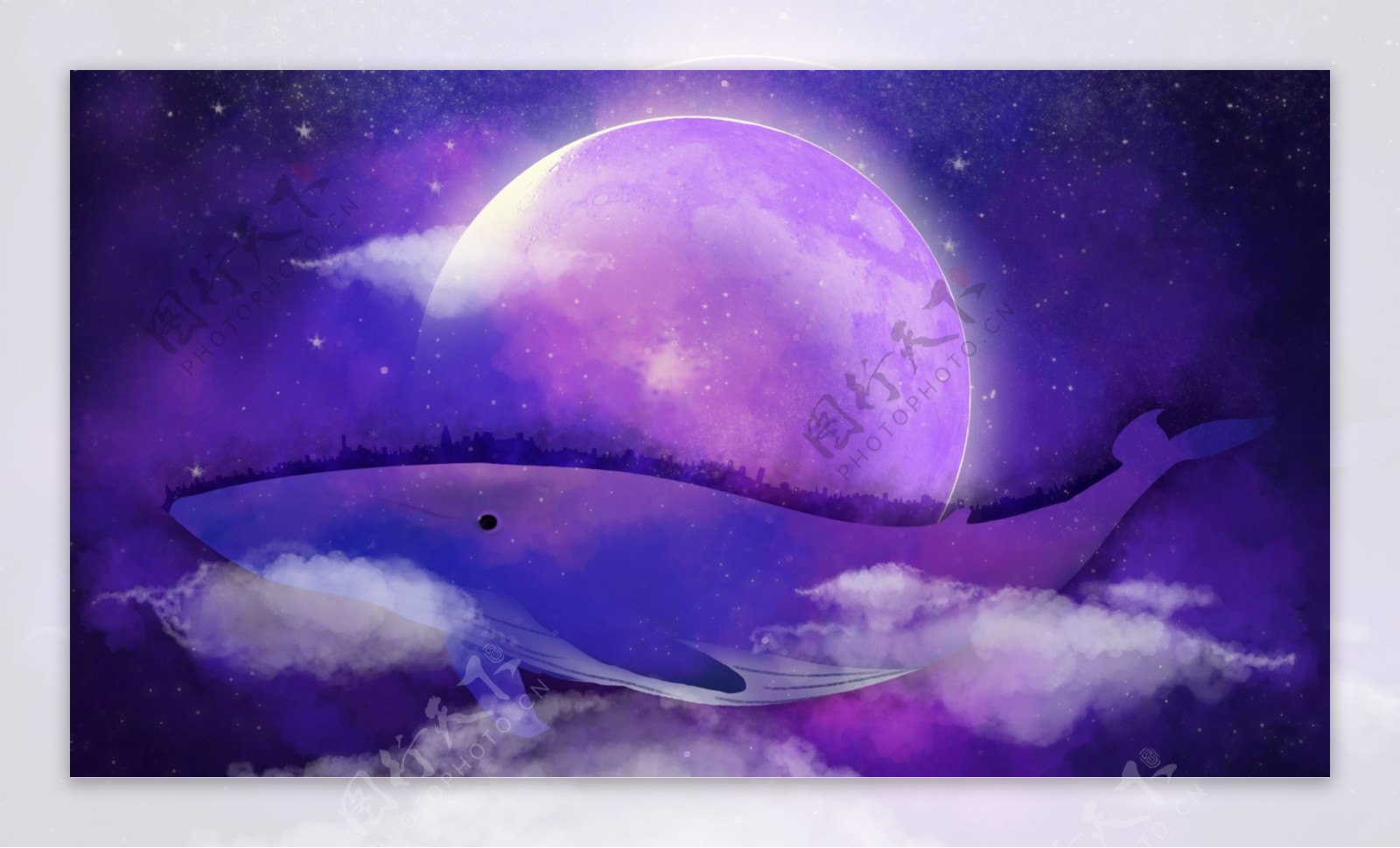 蓝色海洋中的鲸鱼月亮卡通背景
