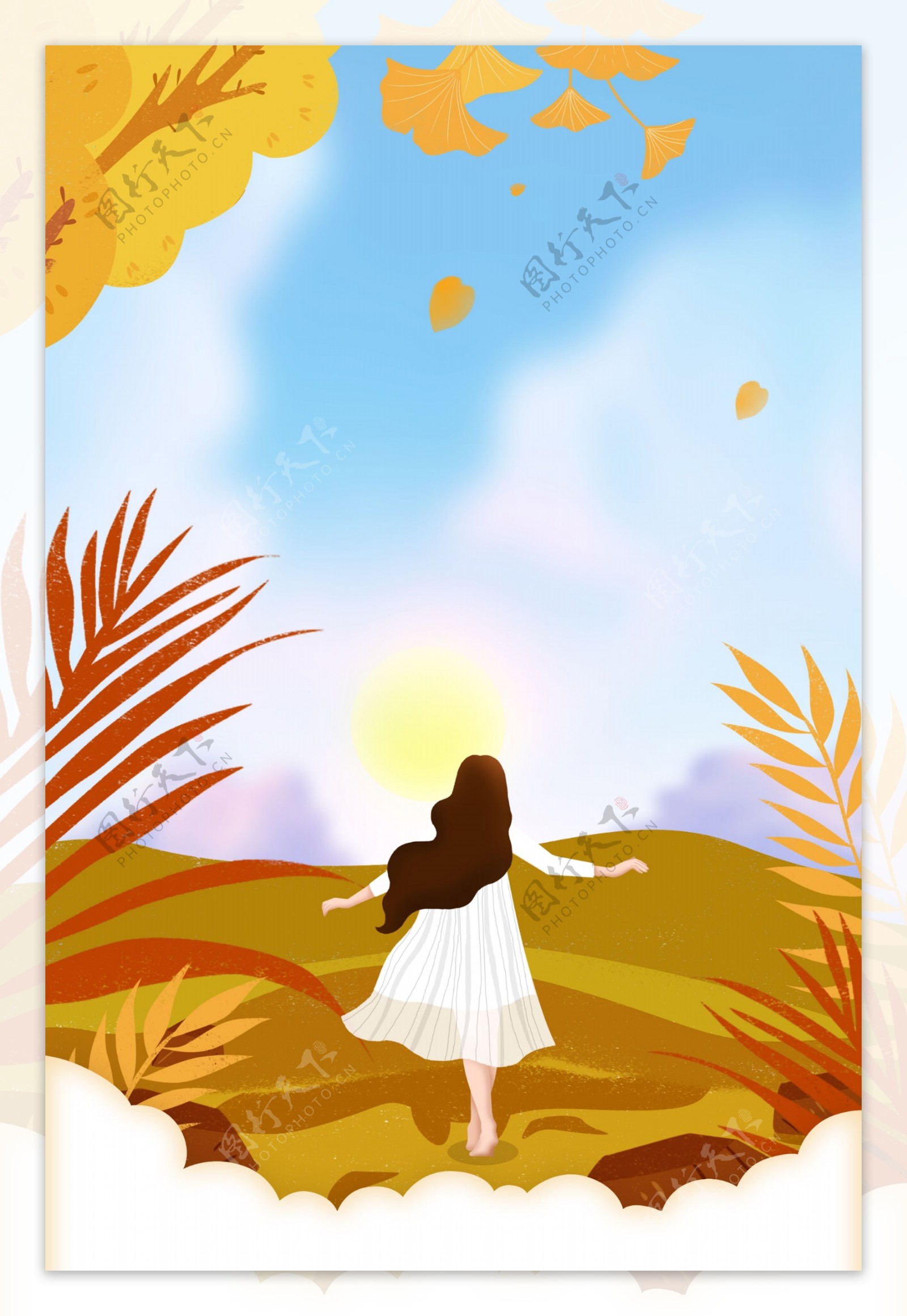 秋季落叶下玩耍的女孩海报背景素材